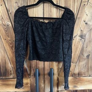 Guess Black Lace Square-Neck Puff-Sleeve Crop Top